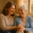 a daughter and mother sitting on a couch smiling