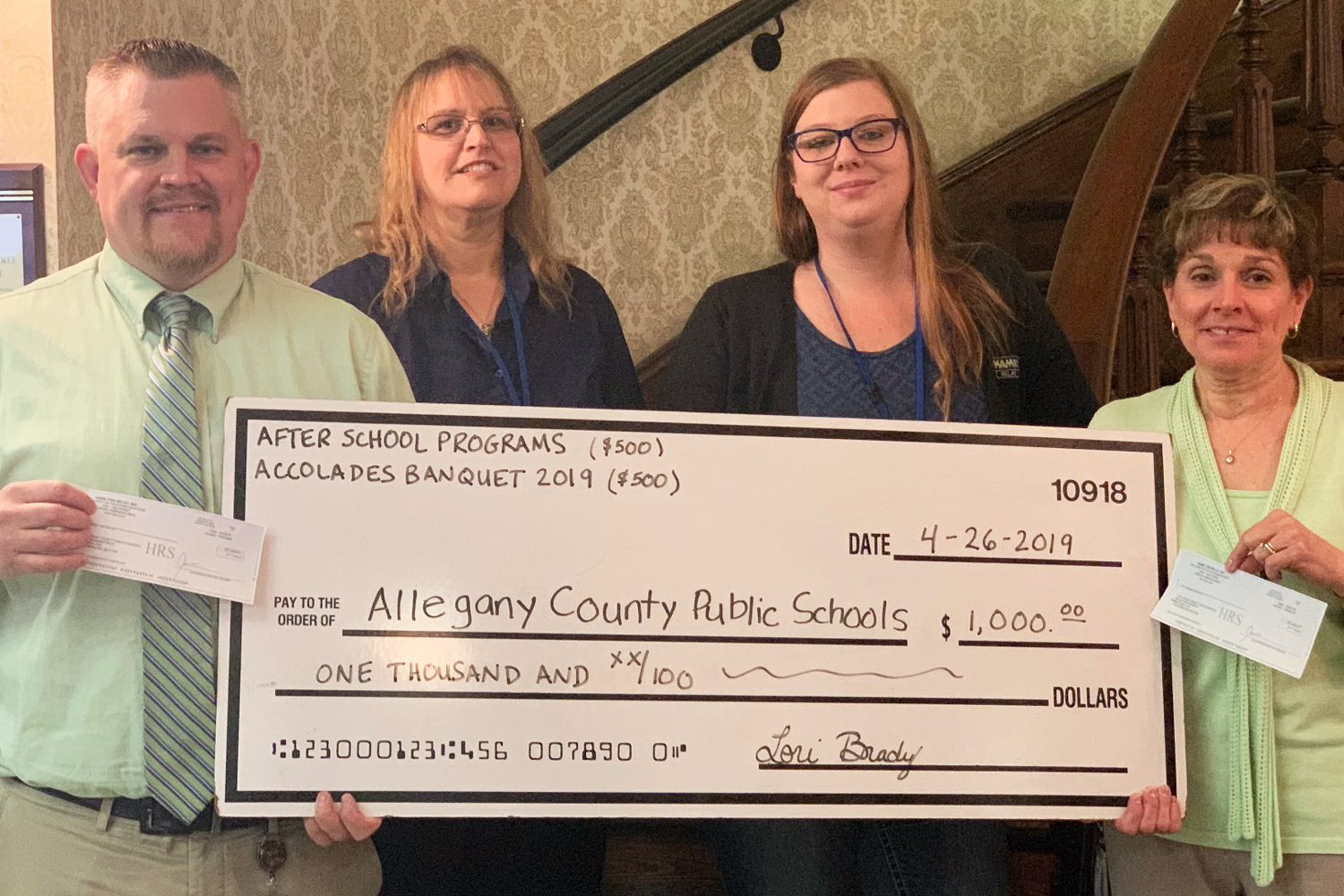 Presentation of donation check to Allegany County Public Schools.