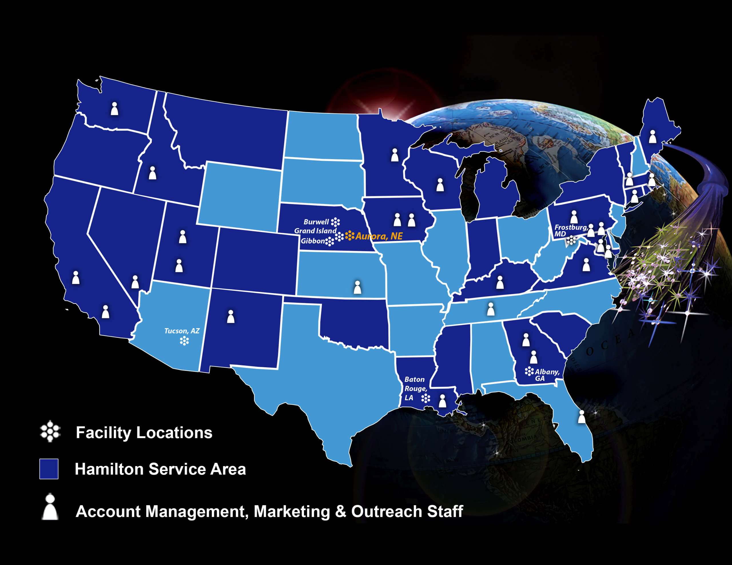 United States corporate map with facility locations, Hamilton service area, and staff locations.